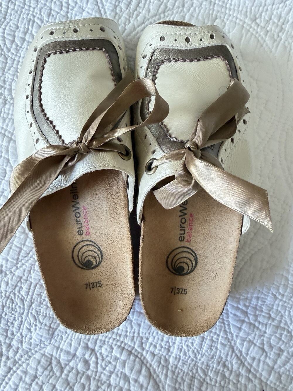 euroWellness Balance Ivory Brown Peep Toe Ribbon Tied Sandals Slides Shoes sz 7